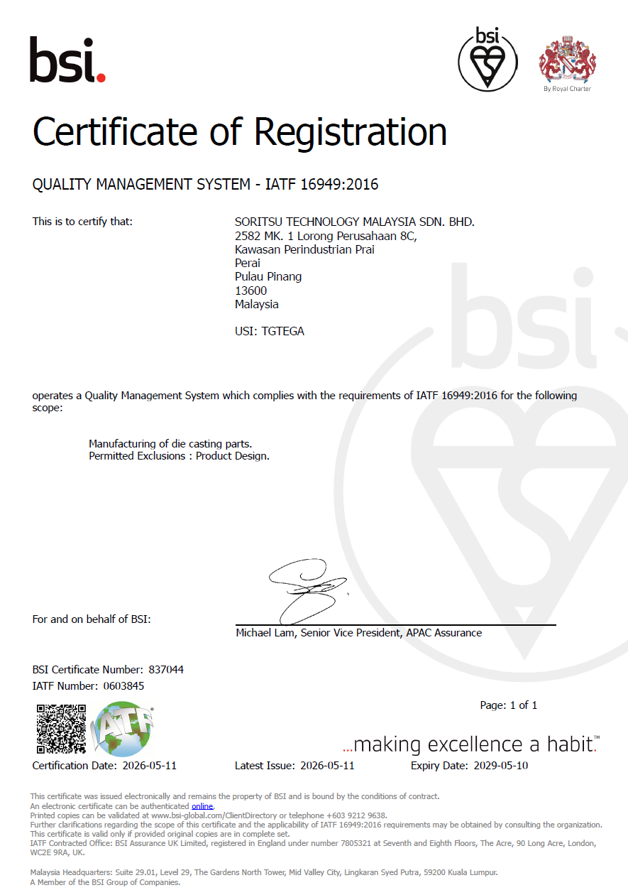 IATF 16949:2016 certificate awarded to Soritsu Technology Malaysia Sdn. Bhd.